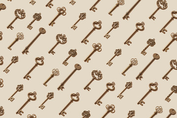 Diagonal rows of antique keys assortments in different shapes