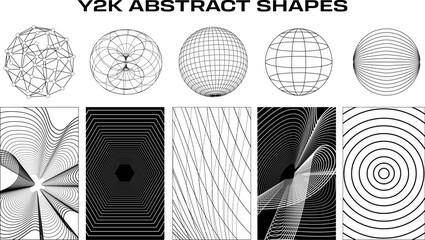 Set of abstract aesthetic geometric y2k elements and wireframe shapes and abstract background. Black and white retro line design elements. Vector illustration for social networks or posters. EPS 10
