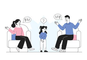 Parents quarrel concept. Man and woman yell at each other. Kid look at angry parents. Negative feelings and emotions. Problems in relationships, conflict. Linear vector illustration