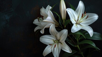 Obraz premium White lilies symbolizing remembrance and mourning on dark background with selective focus