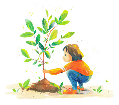 Ilustraci&oacute;n estilo pintura de ni&ntilde;a, de cuerpo entero, sembrando un &aacute;rbol peque&ntilde;o, con colores c&aacute;lidos. 