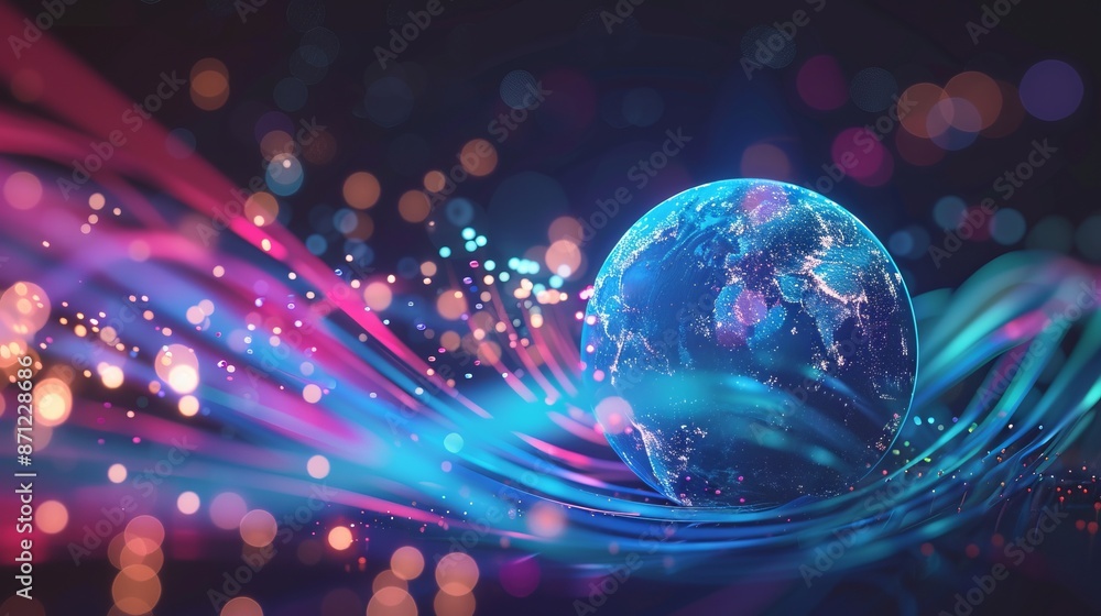 Poster digital art of a glowing globe surrounded by vibrant light streaks and bokeh effects. it evokes mode