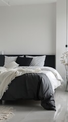 Modern bedroom with white walls and cozy bed with black and white linens, minimalistic interior design concept