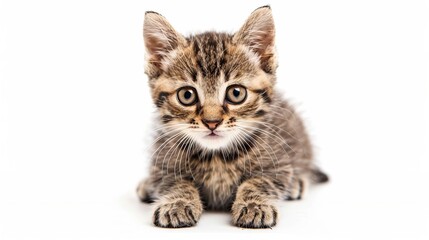 Adorable tabby kitten lying down, staring with big curious eyes. High quality studio shot with a clean white background. Perfect for pet lovers, cat-themed designs, and marketing materials. AI