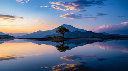 Fototapeta premium Tranquil scene sunset over mountain reflecting in water, AI Generative.