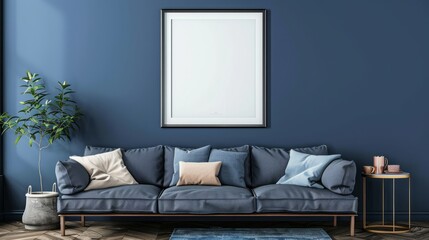 Mockup frame navy blue wall background mockup with furniture and sofa decoration.