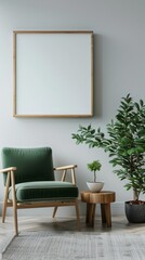 Modern living room with green armchair, wooden coffee table and indoor plants
