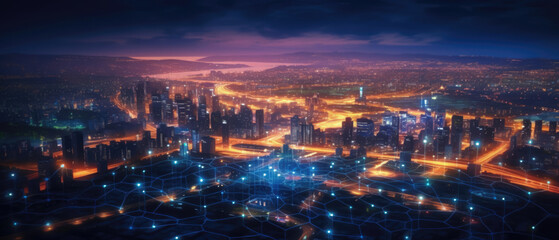 wide view of city at night with traffic lights