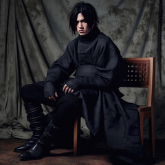 portrait of a young Asian man in black in chair