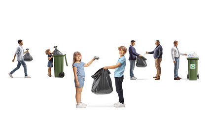 Children and adults collecting recycling materials