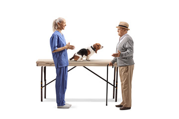 Female veterinarian talking to a basset hound dog owner