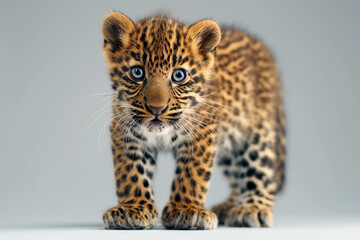 Obraz premium Full shot of baby leopard looking at the camera on a gray studio background