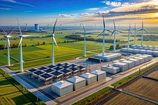Aerial view of modern industrial energy facility featuring rows of electrical cabinets and wind turbines generating clean power against a blue sky backdrop.
