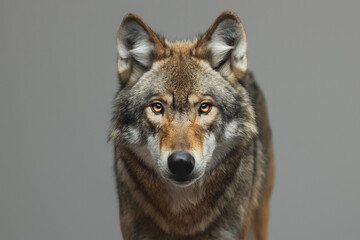 Fototapeta premium Head shot of wolf looking at the camera on gray studio background front view