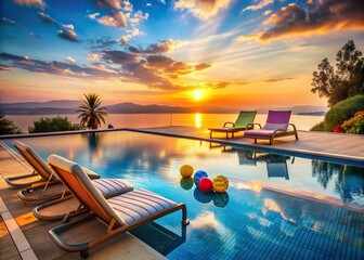 Fototapeta premium A serene swimming pool scene at sunset with gentle ripples on the water's surface, empty lounge chairs, and a few scattered pool toys nearby.