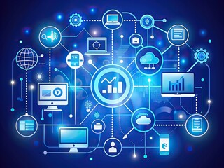 Digital marketing infographic on a blue background showcasing agile software development and lean project management tool with internet network connection elements.