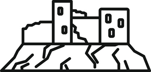 Line art icon of an earthquake destroying buildings on top of a mountain