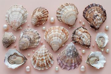 Obraz premium Grotto Day. Oyster Day. Flat lay of freshly shucked oysters in a row on a peach background, decorated with antique silverware, seashells, and coral pink roses