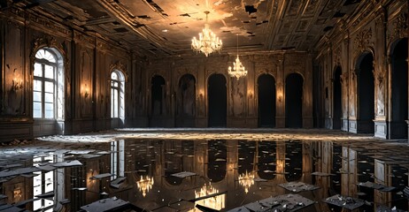 abandoned palace ballroom castle mansion interior design ruins. gothic baroque victorian empty lavish goth luxurious room decor aged, worn, destroyed, debris, and rubble.
