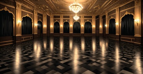 Obraz premium palace ballroom castle mansion interior design. baroque victorian empty lavish luxurious room decor stage with curtains. reflective dark stone floor, gold and red detailing, and intricate designs.