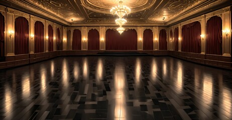 Obraz premium palace ballroom castle mansion interior design. baroque victorian empty lavish luxurious room decor stage with curtains. reflective dark stone floor, gold and red detailing, and intricate designs.