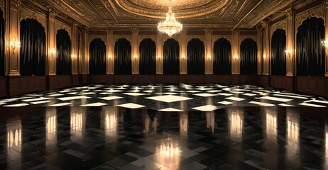 Obraz premium palace ballroom castle mansion interior design. baroque victorian empty lavish luxurious room decor stage with curtains. reflective dark stone floor, gold and red detailing, and intricate designs.