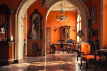 Luxury interior of classic baroque room with orange walls.