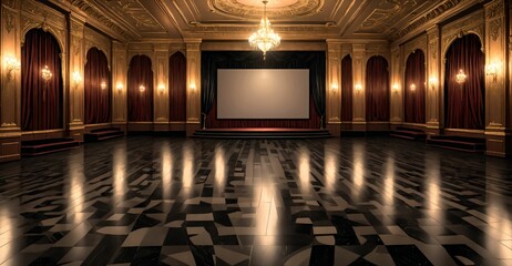 Obraz premium palace ballroom castle mansion interior design. baroque victorian empty lavish luxurious room decor stage with curtains. reflective dark stone floor, gold and red detailing, and intricate designs.
