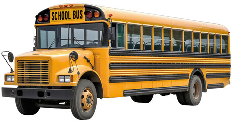 Yellow school bus isolated on transparent background. Childhood elementary school education safety transportation and travel vehicle object, USA public ride trip