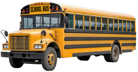 Yellow school bus isolated on transparent background. Childhood elementary school education safety transportation and travel vehicle object, USA public ride trip