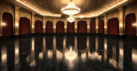 Obraz premium palace ballroom castle mansion interior design. baroque victorian empty lavish luxurious room decor. reflective dark stone floor, gold and red detailing, and intricate designs.