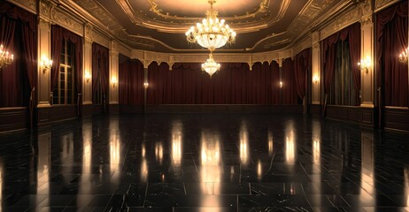 Obraz premium palace ballroom castle mansion interior design. baroque victorian empty lavish luxurious room decor. reflective dark stone floor, gold and red detailing, and intricate designs.