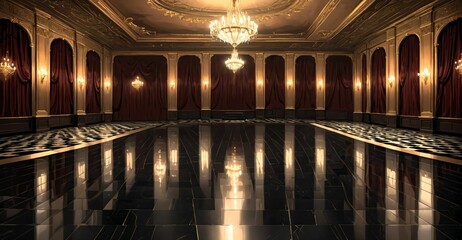 Obraz premium palace ballroom castle mansion interior design. baroque victorian empty lavish luxurious room decor. reflective dark stone floor, gold and red detailing, and intricate designs.