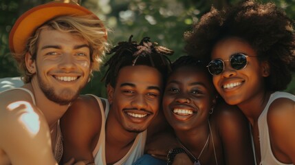 Fototapeta premium A group of diverse friends, cheerful and smiling, enjoying each other's company outdoors on a sunny day, showcasing harmony and friendship.