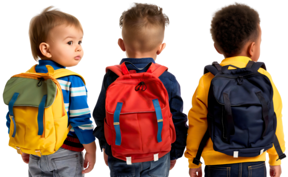 Rear back view of group of three young little preschool toddler boys wearing backpacks, male kids or children back to school, friends isolated on transparent background. Elementary pupil education