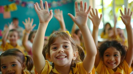Fototapeta premium A group of happy children raising their hands enthusiastically in a vibrant classroom, capturing the essence of joy, curiosity, and the excitement of learning in a playful environment.