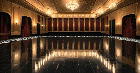 palace ballroom castle mansion interior design. baroque victorian empty lavish luxurious room decor. reflective dark stone floor, gold and red detailing, and intricate designs.