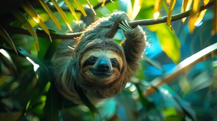 Obraz premium A sloth hanging upside down from a tree branch in a tropical rainforest, with lush greenery and dappled sunlight
