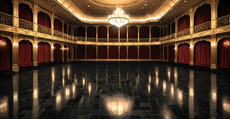 palace ballroom castle mansion interior design. baroque victorian empty lavish luxurious room decor. reflective dark stone floor, gold and red detailing, and intricate designs.