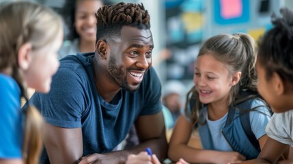 Obraz premium Teacher smiling and engaging with a group of happy children in a lively classroom, fostering a nurturing and vibrant educational environment through interactive discussion and learning.