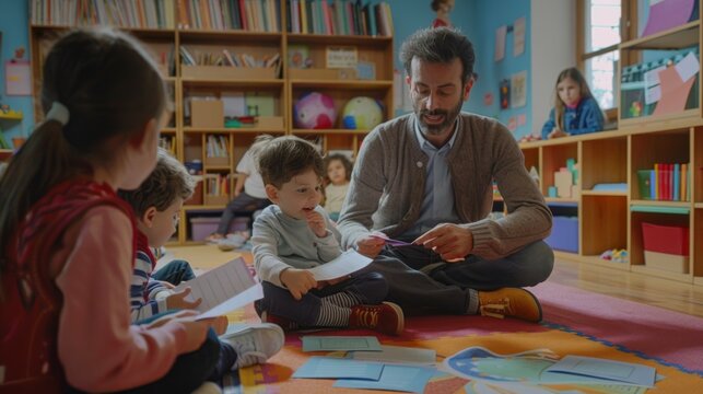 Teacher reading enthusiastically while sitting with young children on the floor of a vibrant classroom, engaging them in an interactive and enjoyable educational activity.