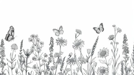 A detailed sketch in monochrome featuring a variety of flowers and three butterflies, capturing the serene and intricate beauty of a natural garden scene.