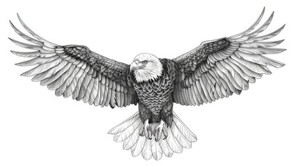 This image showcases an intricate pencil drawing depicting a bald eagle in mid-flight with wings fully spread, highlighting the fine details of its feathers and powerful form.