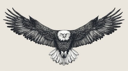 Obraz premium A beautiful black and white drawing of a bald eagle soaring with its wings widely stretched, exhibiting the grace and strength of this majestic bird in its natural element.