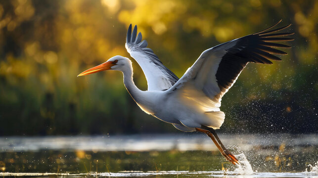Great white and black heron or stork bird flying above river lake pond swamp water. Fauna nature wildlife animal with beak and spread wings, large outdoor avian flight
