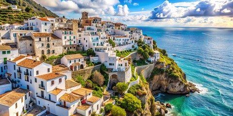 Naklejka premium Seaside Village Perched on Cliffs. The vibrant colors, clear skies, and stunning natural setting create a breathtaking Mediterranean scene.