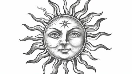 A detailed black and white illustration featuring a human face on the sun with rays emanating from it, showcasing artistic elements and intricate design.