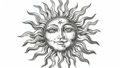 An artistic representation of the sun with a detailed human face in a black and white illustration, featuring flowing rays and a star on the forehead.