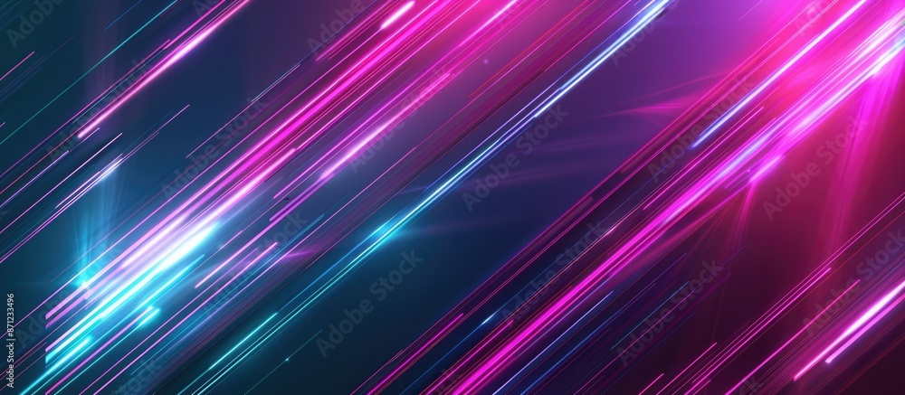Poster dynamic neon lines in vivid pink and blue, flowing and creating wave patterns against a dark backgro
