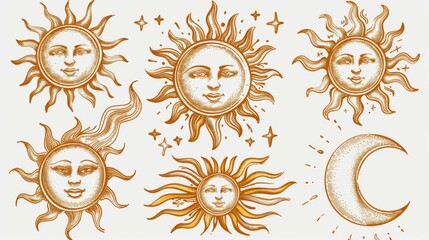 A collection of six artistic sun and moon illustrations in yellow-orange hues, featuring human faces with intricate line work and cheerful yet serene expressions.
